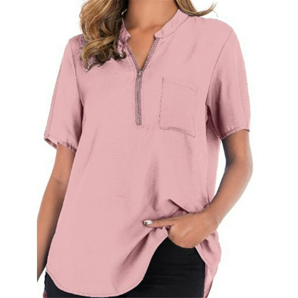 Womens Short Sleeve V Neck Zip Up Chiffon Tops Casual Blouse Loose Tunic T Shirt 